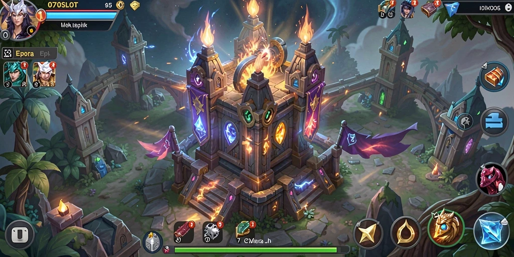 Gameplay seru 070SLOT dengan menara dan musuh yang menantang.