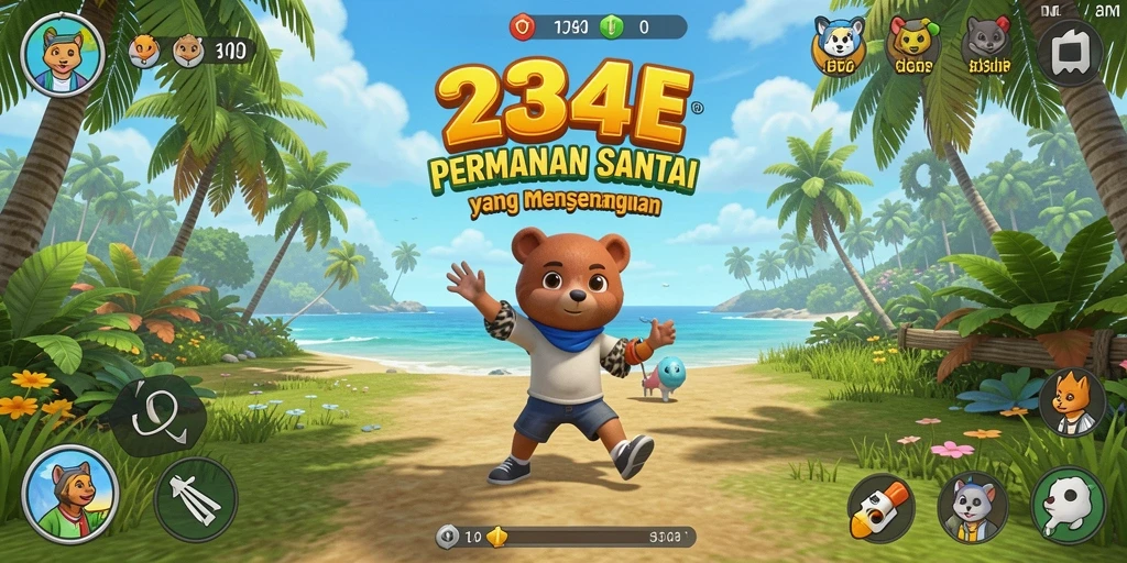 Screenshot utama 234E menampilkan gameplay santai yang ceria dan penuh warna.