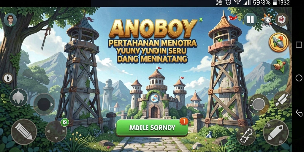 Tampilan utama gameplay ANOBOY menampilkan pertarungan strategi Tower Defense.
