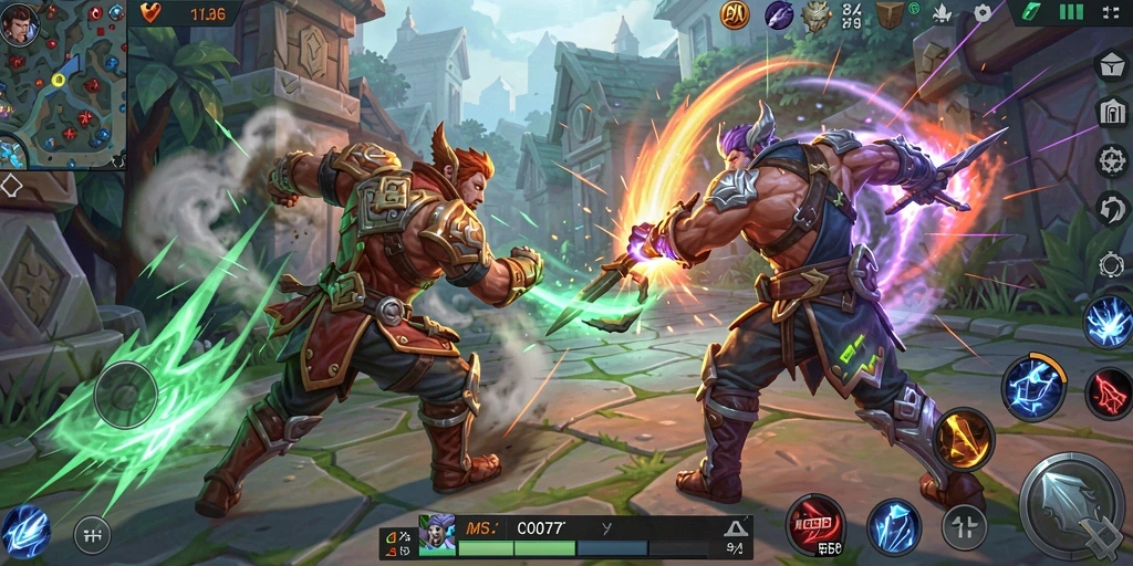 Screenshot gameplay C0077 menampilkan pertarungan seru antara tim di arena MOBA.