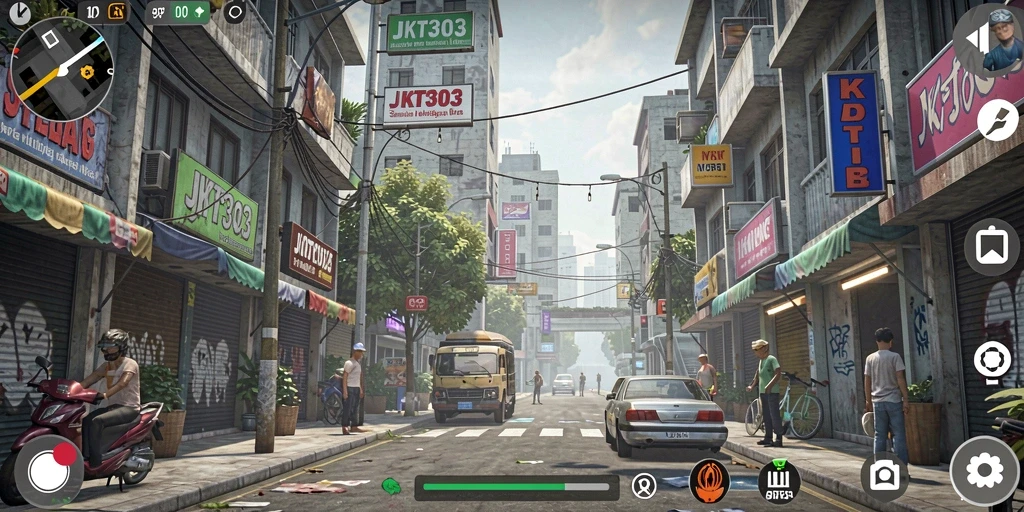 Tampilan gameplay <strong>JKT303</strong> dengan karakter yang sedang berinteraksi di kota.