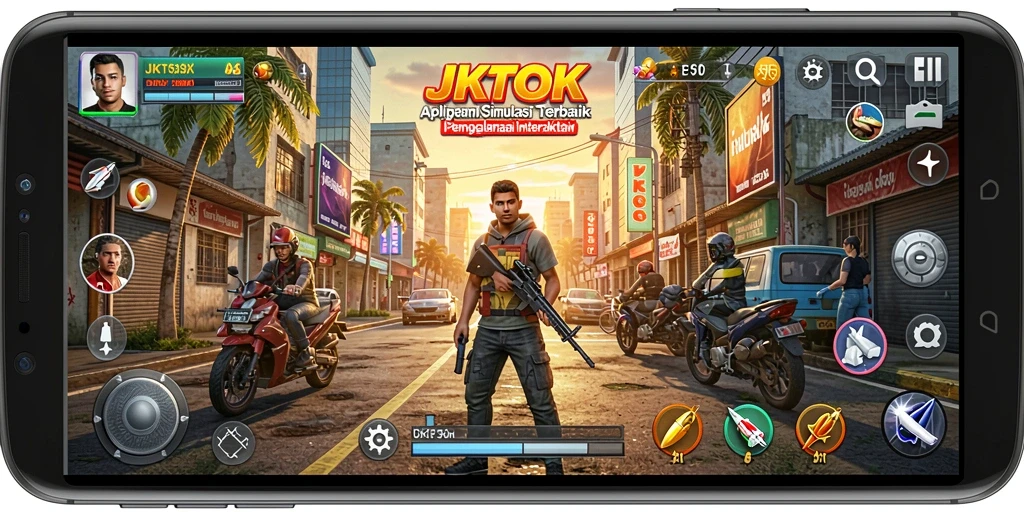 Screenshot gameplay JKTOK yang menunjukkan interaksi pengguna dalam simulasi.