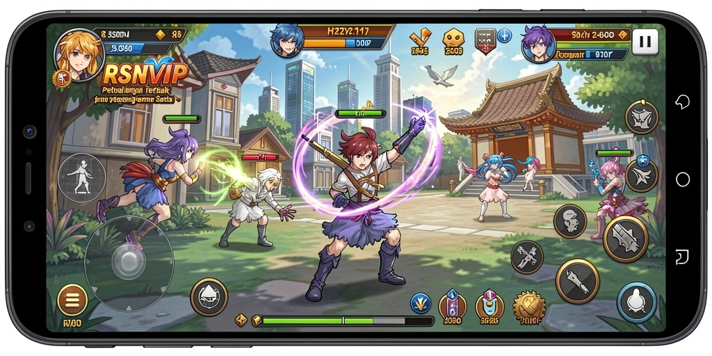 Screenshot RSNVIP menunjukkan pertarungan karakter anime yang dinamis dan menarik.