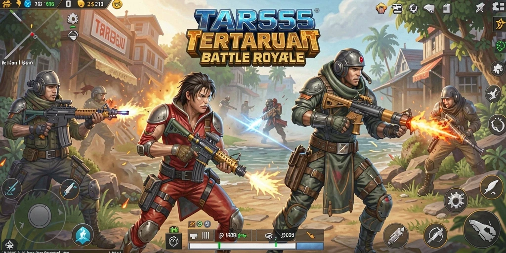 Screenshot TAR555 menampilkan aksi pertempuran seru di medan Battle Royale.