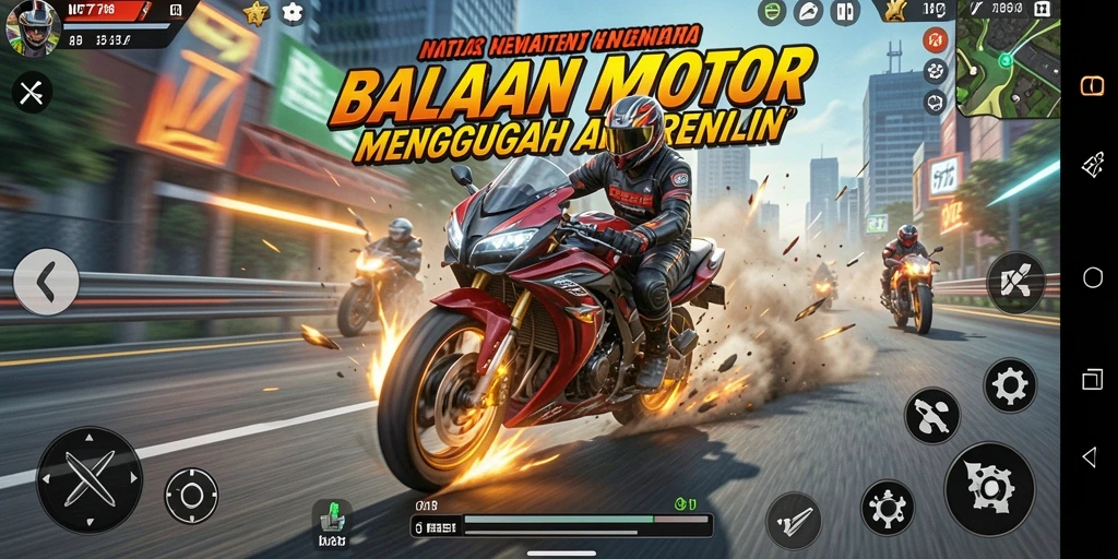 Screenshot UT77 menampilkan aksi balapan motor yang mendebarkan.